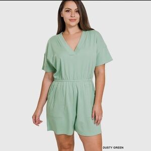 Dusty Green Plus Size Drop Shoulder V-Neck Romper with Pockets